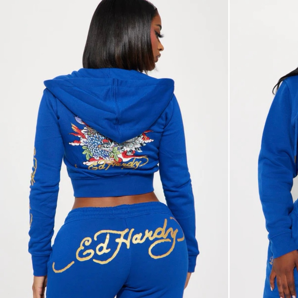 Ed Hardy Royal Blue Hoodie and pants  with Gold Accents sold as set